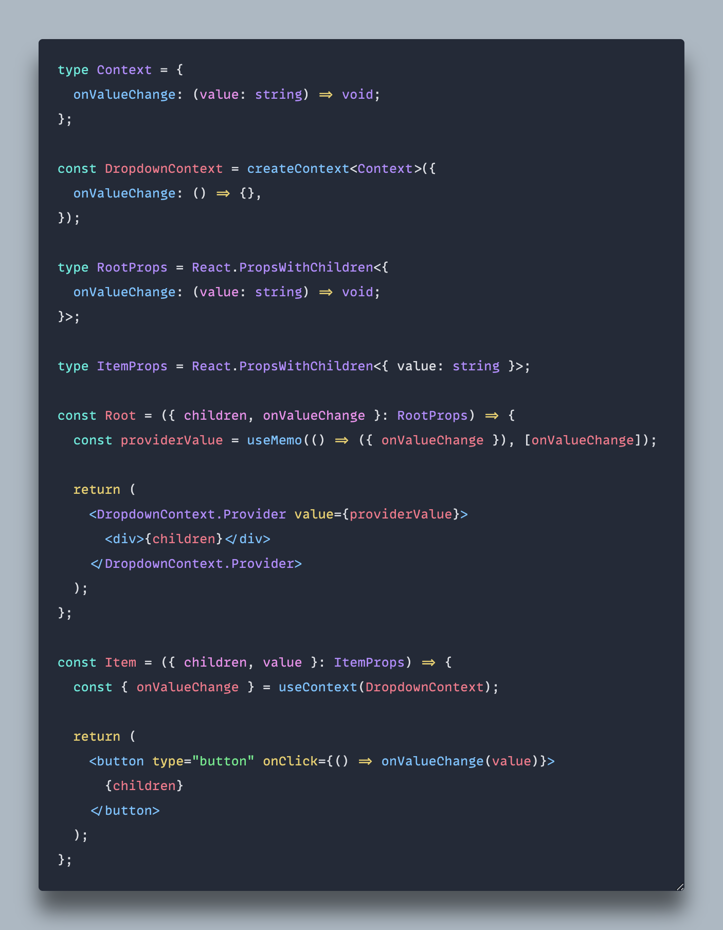 An example of JSX code that shares state between parent and child components using React context.